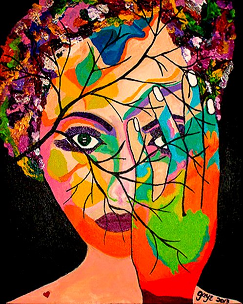 Painting of woman with hand and tree limb over face